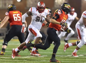 Darius Hamilton chases down Maryland QB C.J. Brown during last years game (Photo by Tian Li)