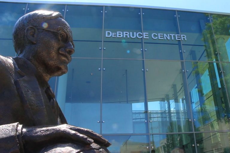 James Naismith statue outside the DeBruce Center at the University of Kansas
