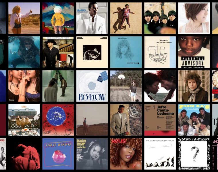 A collage of 40 album covers whose songs are featured in the article.
